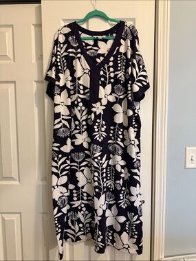 Stan Herman Navy and White Floral V-Neck Dress L